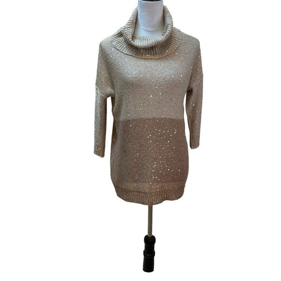 Belldini Beige Striped Sequin Metallic Pullover Cowl Neck Sweater Size S - Picture 1 of 10